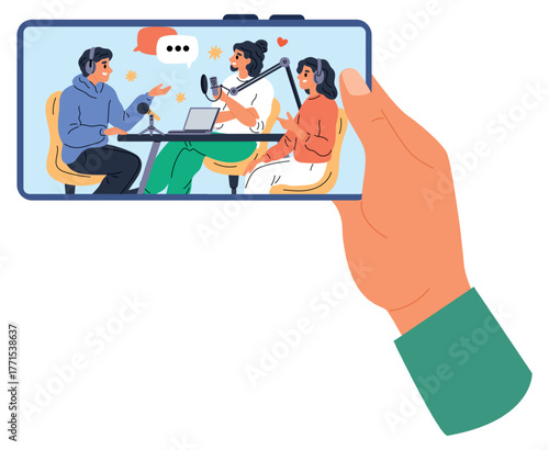 Hand holding smartphone with podcast. News or online show on screen. Watching videos online at display. Mobile digital broadcast. Live streaming vlog. Social media interview. Vector concept