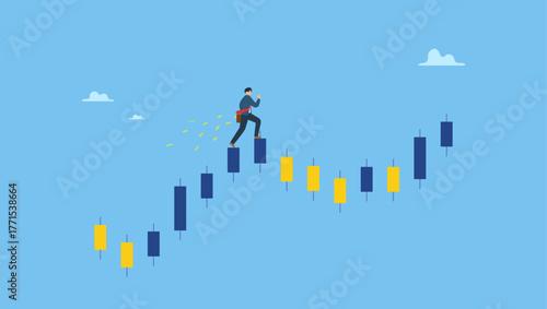 Confidence businessman investor with money briefcase running on candlestick graph. Success trader make profit with investment trading, stock market growth, get rich from Crypto trading.