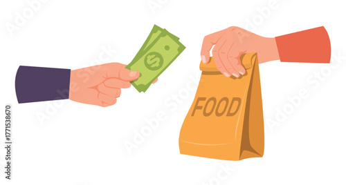 Hand holding paper bag with food and money. Delivery man takes order to customer. Seller and buyer financial transaction. Consumer paying dollar cash for lunch. Cashier arm. Vector concept