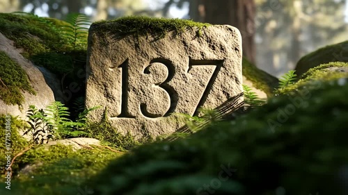 A weathered stone marker with the number 137 surrounded by lush greenery in a serene forest setting