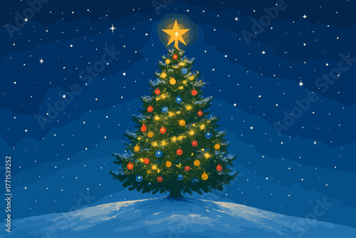 Holiday celebration christmas tree decorated with ornaments winter wonderland digital night sky festive atmosphere