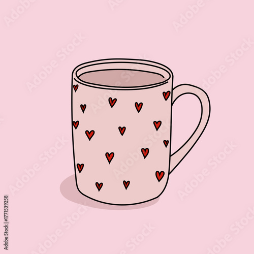 Pink cup with small red heart patterns filled with a warm drink on a soft pink background.