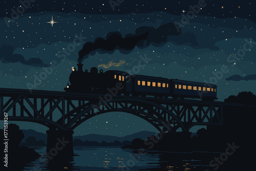 Night train journey across a bridge scenic landscape illustrative starry sky serene viewpoint
