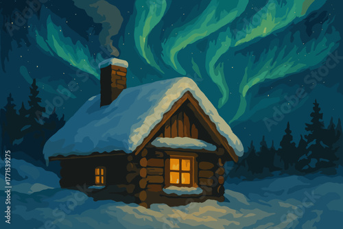 Enchanting aurora borealis over cozy cabin in winter wonderland northern lights scenic landscape serene night view
