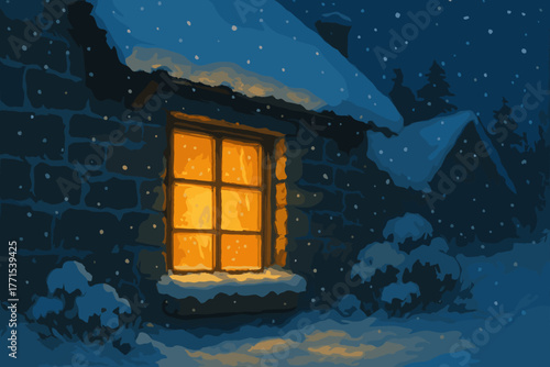 Cozy winter evening scene with illuminated cottage window snowy landscape digital nighttime serenity