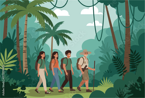 Adventurous hiking journey lush jungle illustrative tropical environment group perspective outdoor exploration