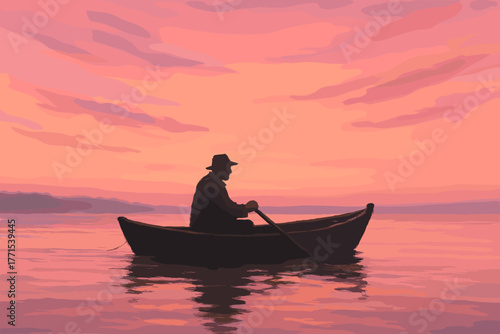 Rowing at sunset a serene scene on the water digital tranquil environment artistic viewpoint