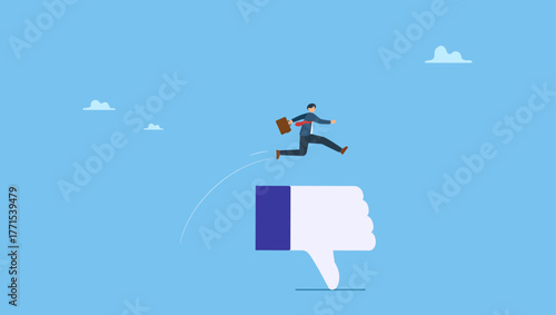 Businessman jump over critic thumb down feedback to achieve business goal. Deal with negative feedback, criticism or blame, ignore bully or failure, overcome difficulty to success in.