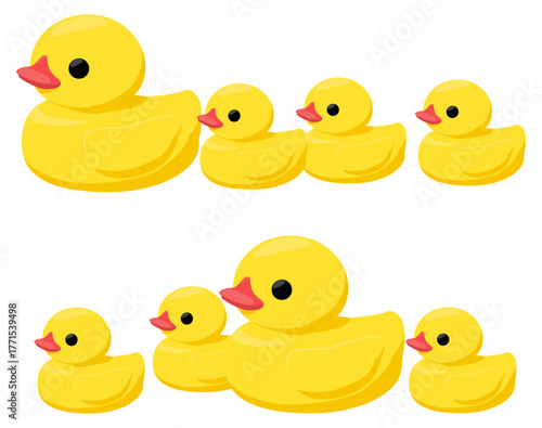 Yellow rubber ducks. Ducky family. Baby bathroom game. Isolated plastic birds floating on water. Animals fowl swimming in pool. Vector set of large and small childrens bath toys group