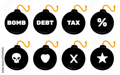 Round bomb with symbols. Dynamite wick. Grenade skull. Love heart. TNT detonator. Discount sale percent. Text words. Debt or taxes percentage. Vector set of icons on white background
