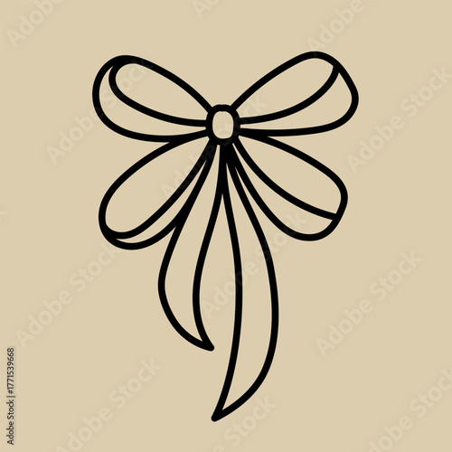 Simple black outline of a decorative bow with long flowing ribbons on a beige background.