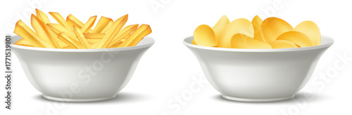 Realistic white ceramic plate with French fries and potato chips. Full bowl side view. Fastfood snack eating. Fried vegetable salty slices. Prepared tuber. Vector isolated objects set