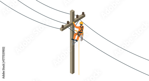Isometric utility worker climbing power pole for maintenance on electrical lines