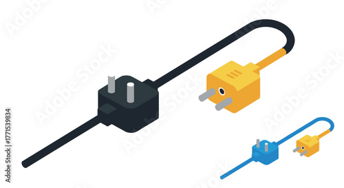 Isometric electric plug design with multiple perspectives and colors