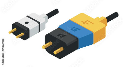 Isometric power plugs: colorful 3d electrical connectors in perspective