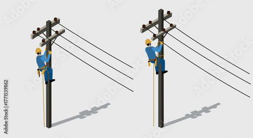 Utility worker climbing pole in isometric view for electrical maintenance concept