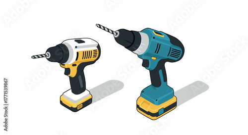 Isometric cordless drills on white background with shadows for construction projects