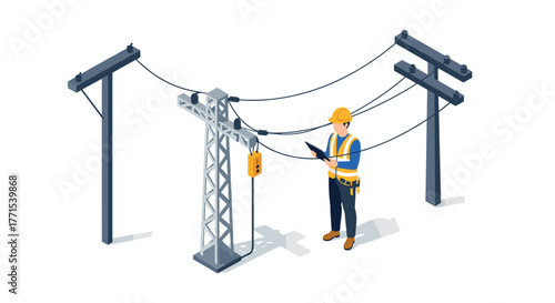 Isometric worker inspecting power line with tablet on utility pole
