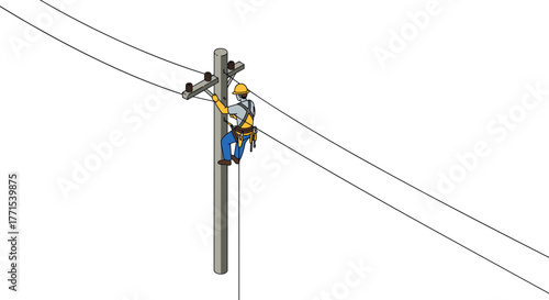Utility worker climbing electricity pole for maintenance on power lines