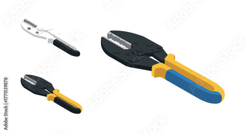 Colorful isometric crimping tools with yellow and blue handles on white background