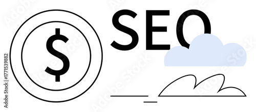 Dollar inside a circle, bold SEO text, cloud, and abstract lines. Ideal for marketing, SEO strategy, online business, financial growth, web optimization creative strategy simple flat metaphor
