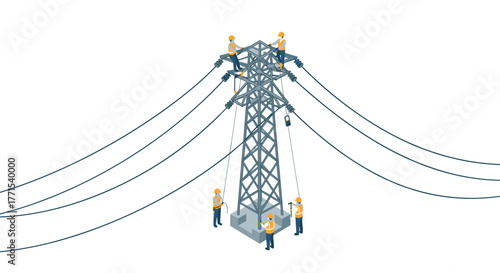 Isometric power line maintenance team working on high voltage tower