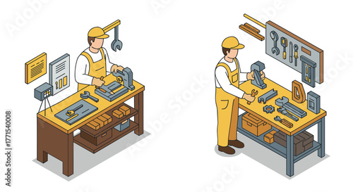 Isometric workshop scene: craftsman at work with tools and equipment