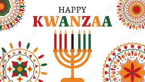 Greeting card celebrating kwanzaa, a seven-day holiday honoring african heritage, with candles colored red, black, and green