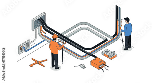 Isometric electrical wiring installation: technicians working on cables and sockets
