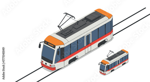 Modern electric tram on railway track in isometric style