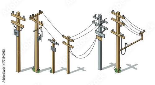 Isometric utility poles collection with varied designs and details