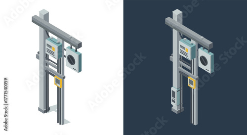 Isometric industrial control panel design with color variations