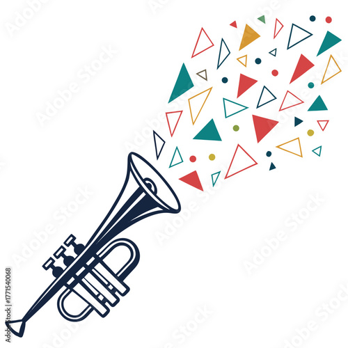 Celebratory trumpet blast announces fun geometric shapes flying out