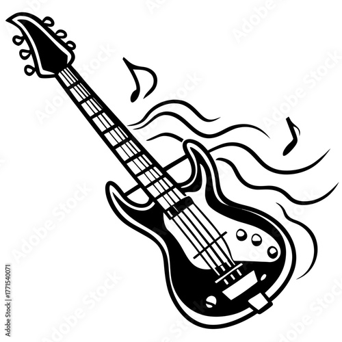 Dynamic electric guitar with musical notes and flowing lines