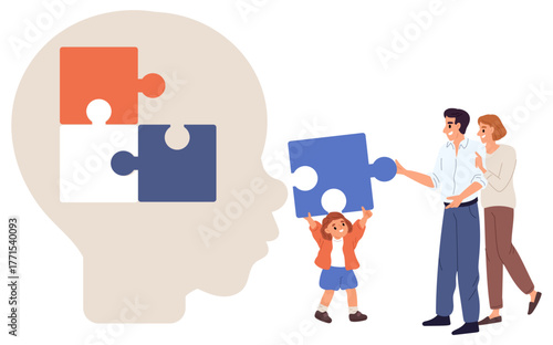 Parents and child with autism are putting together puzzle in silhouette of childs large head. Father and mother help little kid. Autistic disorder. Hyperactivity and ADHD. Vector concept