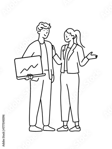 Outline illustration of a man holding a laptop while talking to a smiling woman.