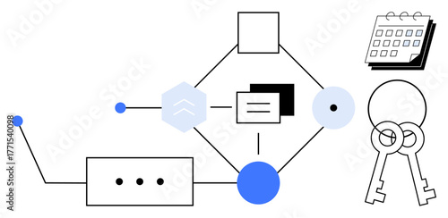 Connected shapes, calendar, and keys symbolize workflow, security, planning, and data handling. Ideal for productivity, cybersecurity, project management planning information flow networking