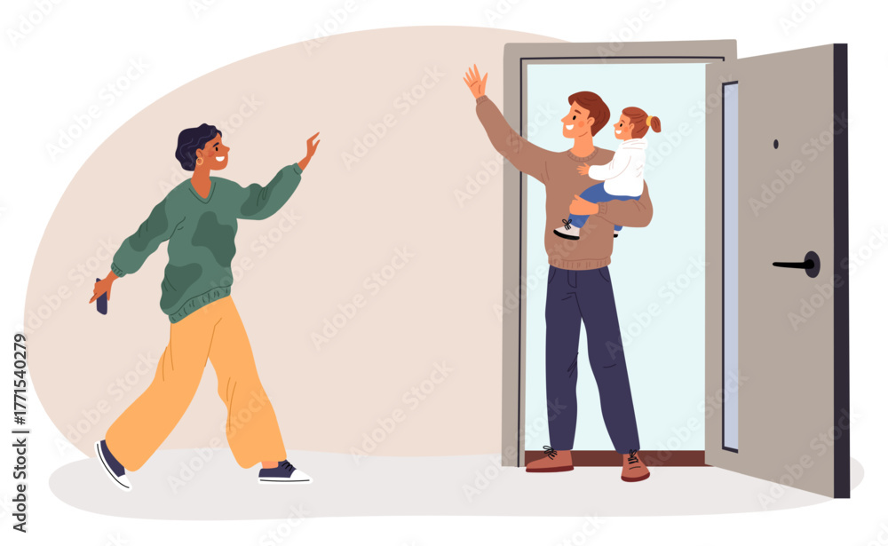 Obraz premium Man in love holding child in arms, meets his beloved woman at doorstep of their house. Family greeting at porch. Return home. Mother homecoming. Father with daughter. Vector concept
