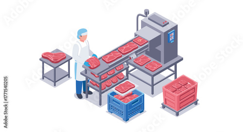 Isometric meat processing factory: automated assembly line and worker handling packaged red meat
