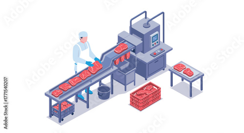 Isometric meat processing factory with worker packaging cuts on conveyor belt