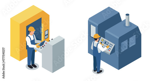 Isometric factory workers operating machinery in industrial setting