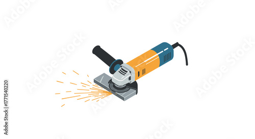 Isometric angle grinder with sparks in motion on white background