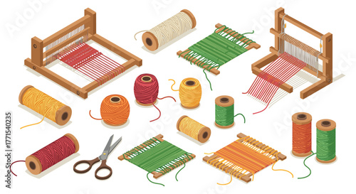 Colorful isometric weaving tools and yarn collection with wooden looms