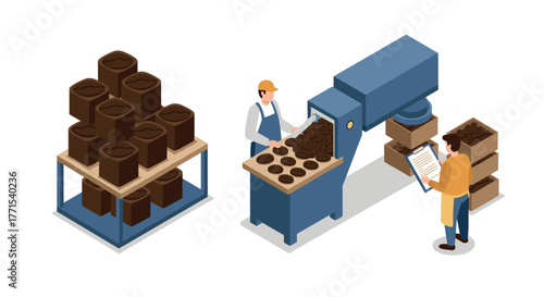 Isometric coffee production process with factory workers in detailed factory setting