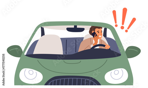 Man talking on his cell phone while driving car. Do not use phone while vehicle drive. Careless driver. Guy calling at steering wheel. Automobile traffic. Unsafe behavior. Vector concept