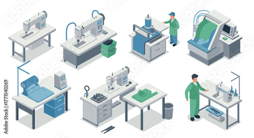 Isometric sewing equipment and professionals in a modern workshop setting