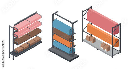 Isometric fabric roll racks with boxes in retail store display