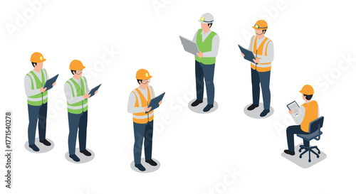 Isometric construction team meeting with engineers and workers in safety gear