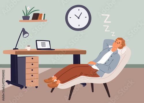 Male employee sleeping at work. Burnout businessman. Laziness and procrastination. Overtime work. Busy manager slumbering at computer desk. Exhausted sleepy worker relax. Vector concept