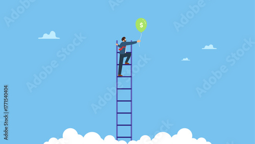 Success businessman climb up the ladder up to cloud to catching balloon with dollar money. Ladder of success, achieving financial goals or investor searching for profit and investment return.